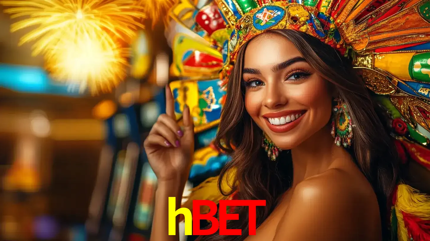 Mulher sorridente com um cocar de carnaval vibrante e colorido, celebrando uma grande vitória nos jogos do cassino hbet com fogos de artifício ao fundo.