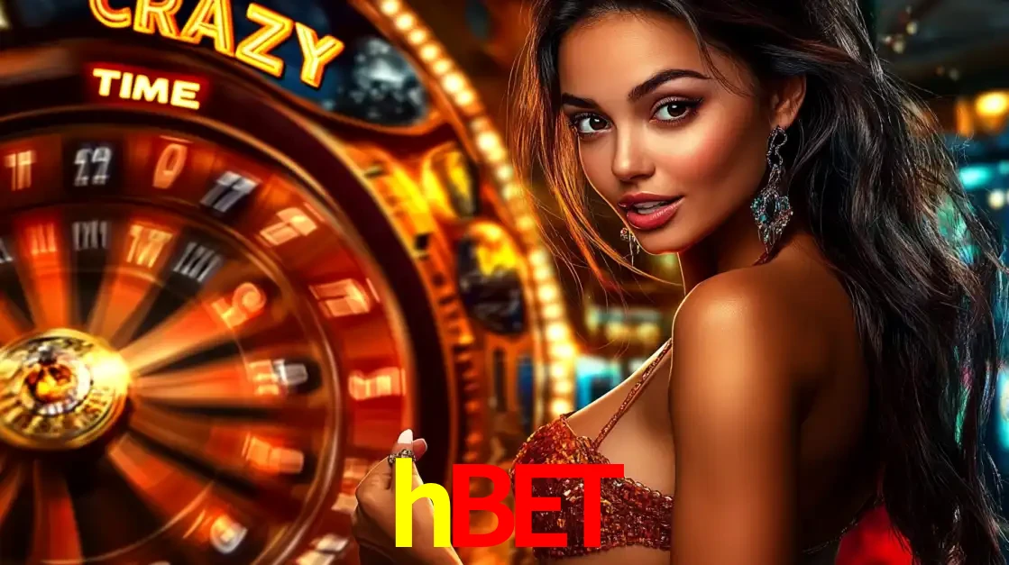 Mulher ao lado da roda de prêmios do jogo de cassino ao vivo Crazy Time, um dos shows de jogos mais emocionantes oferecidos pela plataforma de apostas hbet.