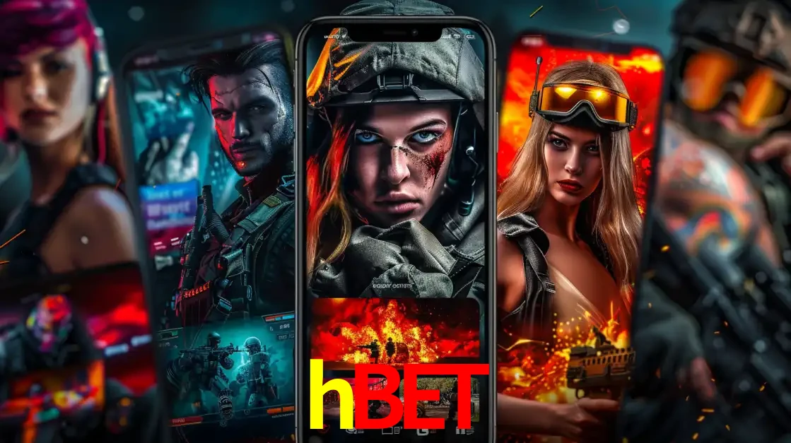 Montagem de telas de celular mostrando diversos personagens, masculinos e femininos, de um jogo de tiro, ilustrando a diversidade de equipes de e-sports para apostar no hbet.