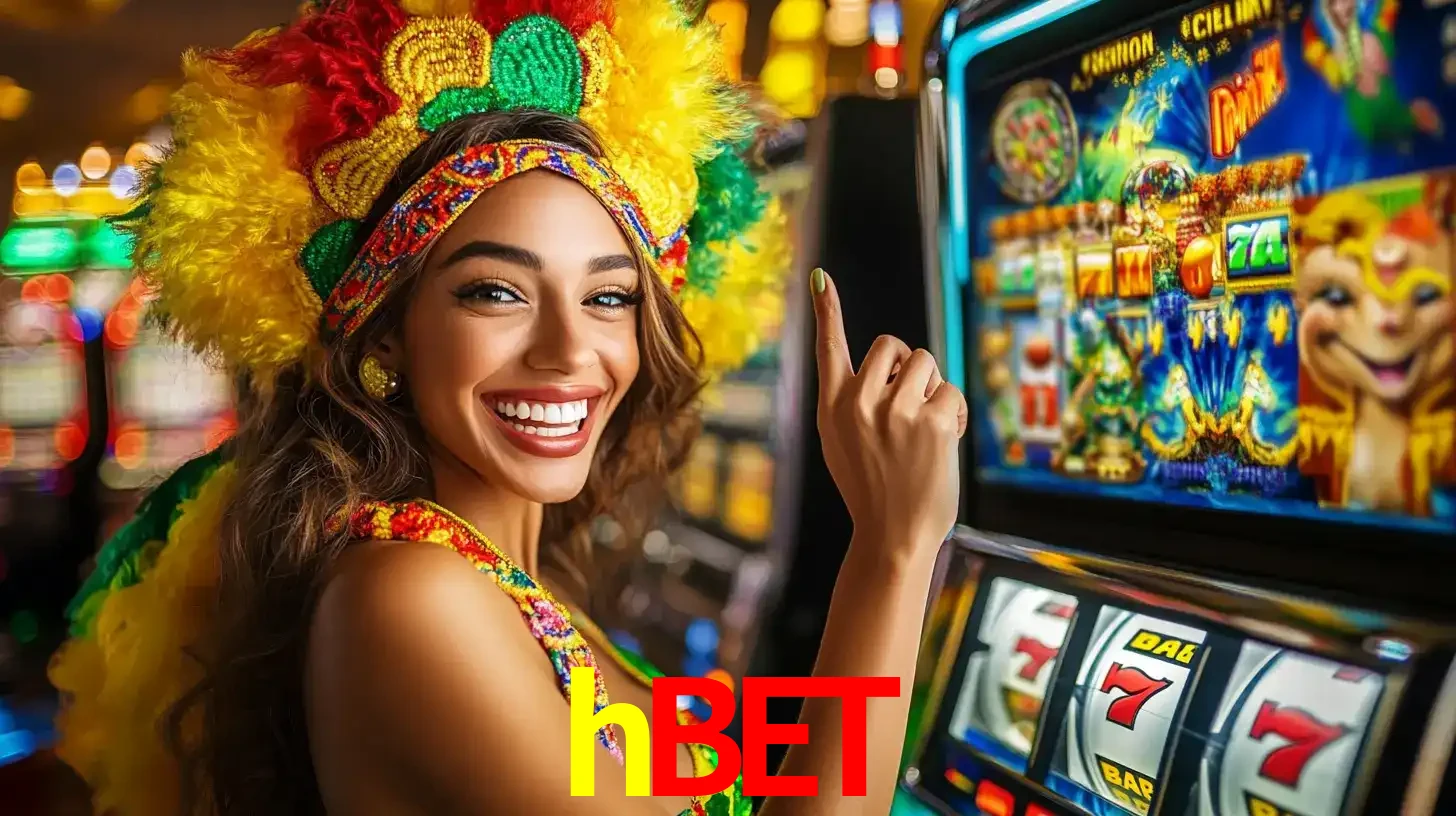 Mulher animada com um cocar de carnaval apontando para uma máquina de caça-níqueis, mostrando a emoção de ganhar um grande prêmio nos jogos do hbet.