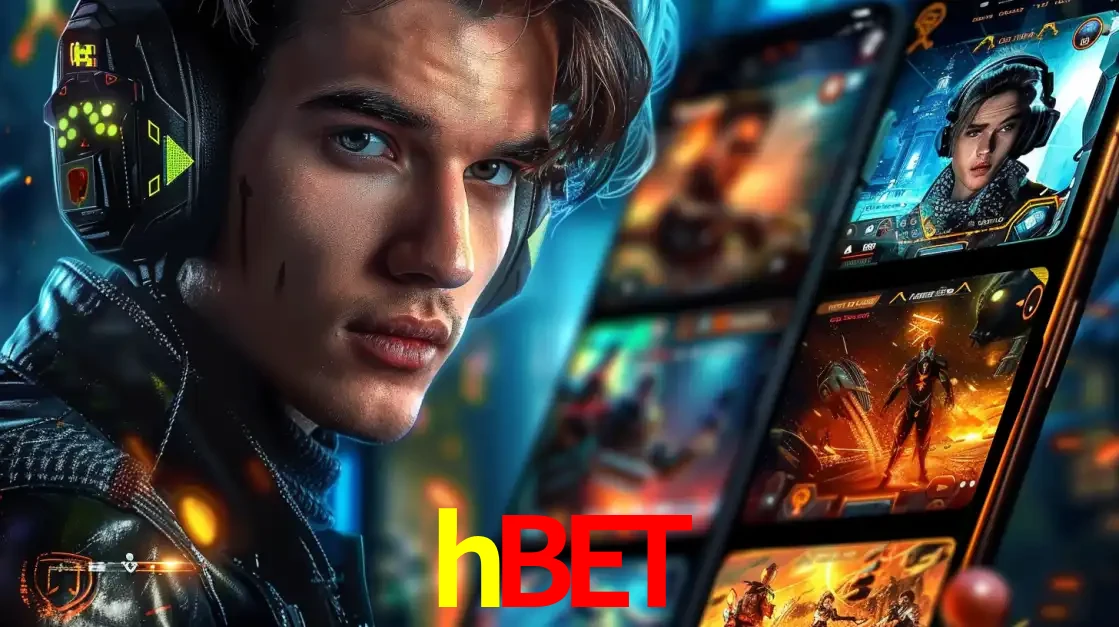 Jovem jogador com fones de ouvido olhando para a câmera, com um aplicativo de jogos e e-sports para celular ao fundo, pronto para a competição e apostas no hbet.
