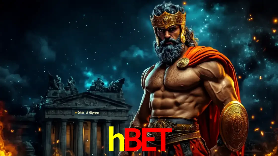 O poderoso Zeus do jogo de slot Gates of Olympus em frente ao seu templo, pronto para lançar multiplicadores divinos e prêmios épicos no cassino online hbet.