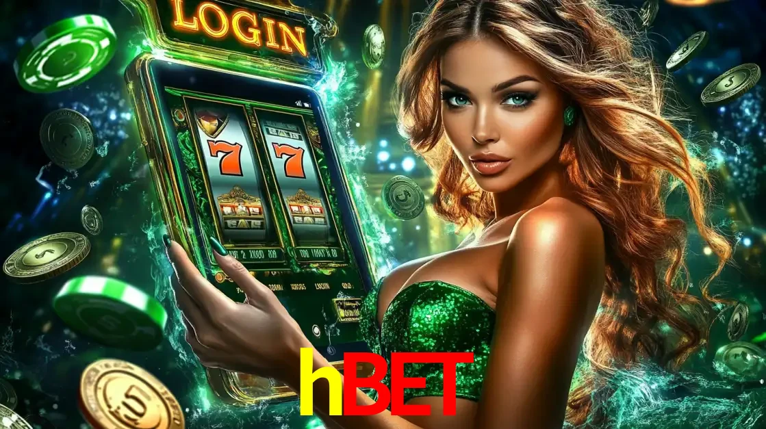 Mulher com tema verde apresentando o aplicativo do cassino hbet com um jogo de slot de 777, cercada por fichas de cassino e uma aura de sorte.