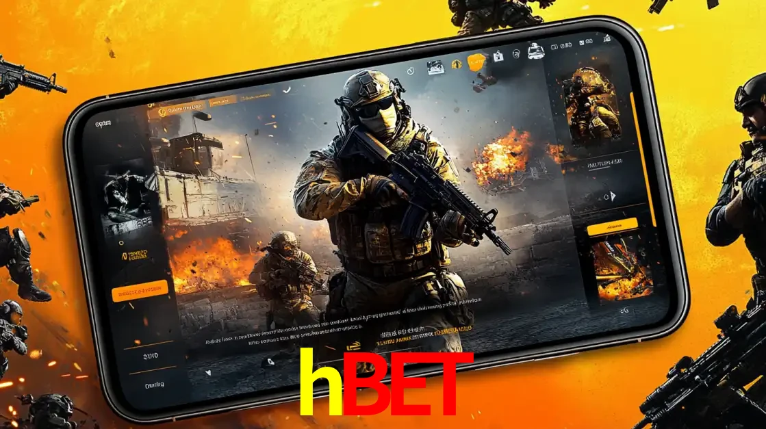 Um smartphone exibindo a interface de um jogo de tiro em primeira pessoa, com um soldado em um cenário de batalha, representando a ação dos e-sports para apostar no hbet.