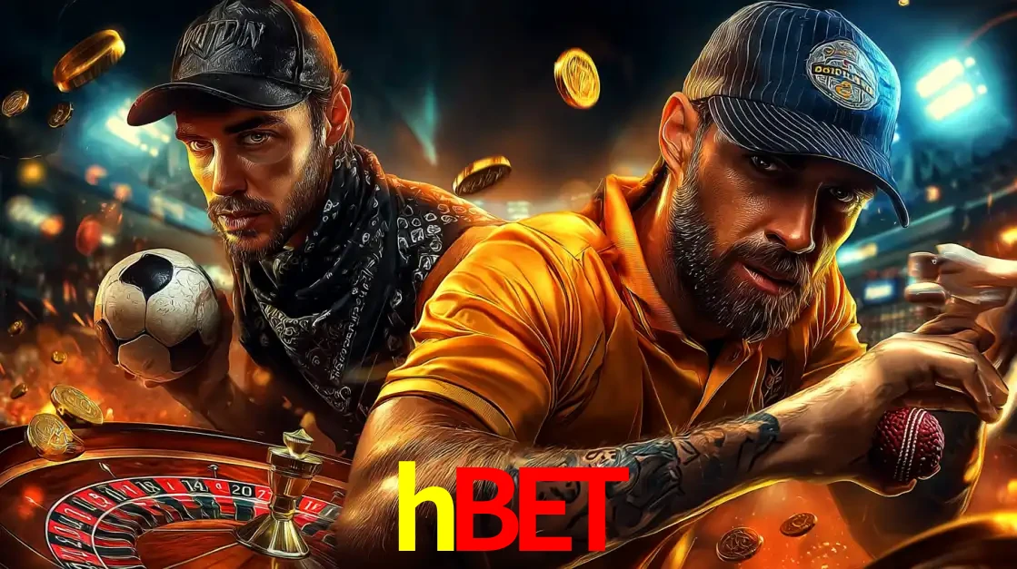 Montagem de apostas esportivas e cassino no hbet, com um homem segurando uma bola de futebol e outro uma de beisebol sobre uma roleta e moedas voadoras.