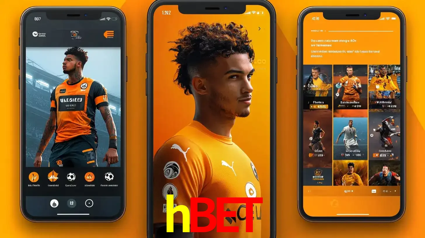 Interface do aplicativo de apostas esportivas hbet em três telas de celular, mostrando o perfil de um jogador de futebol e a lista de jogos disponíveis para apostar.