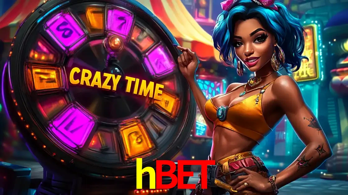 Mulher estilizada com cabelo azul e visual vibrante posando ao lado da roda de prêmios do game show Crazy Time, convidando para a diversão e os bônus do cassino hbet.