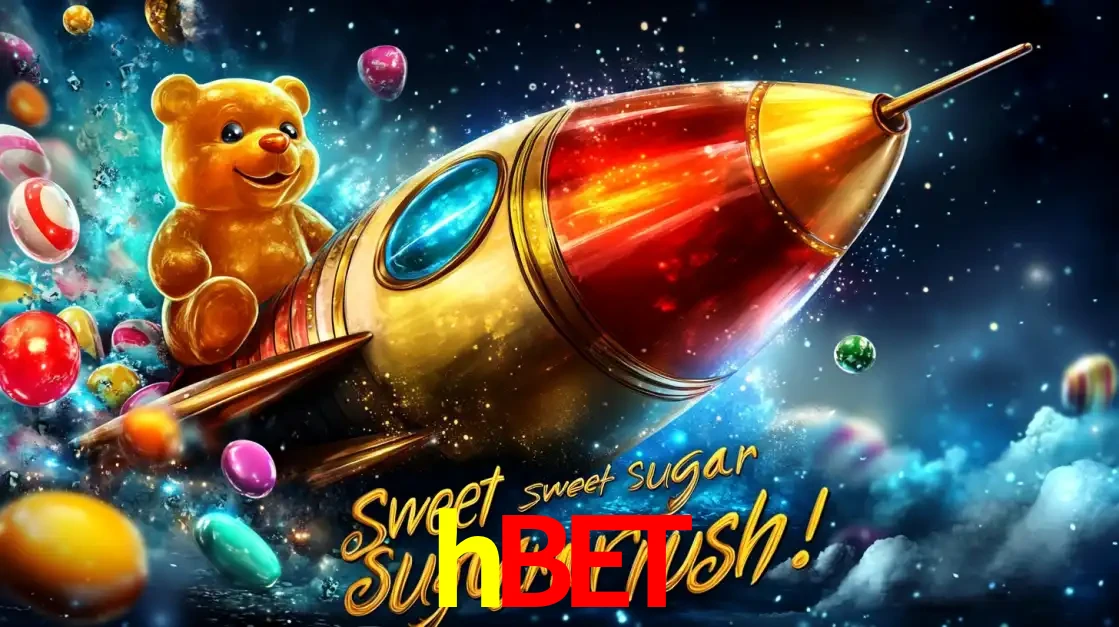 Arte promocional do jogo de slot Sugar Rush, com um urso de pelúcia em um foguete viajando pelo espaço de doces, um dos jogos divertidos disponíveis no cassino hbet.
