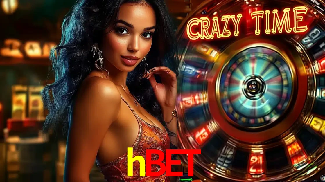 Mulher elegante ao lado da vibrante roda da fortuna do jogo de cassino ao vivo Crazy Time, um dos game shows mais populares e cheios de prêmios do hbet.