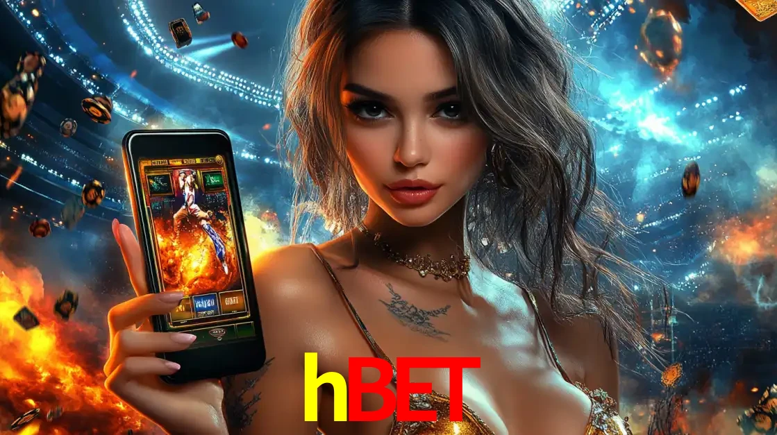 Mulher segurando um celular com um jogo de slot em destaque, tendo como fundo um estádio vibrante, simbolizando a emoção de jogar no cassino móvel hbet.