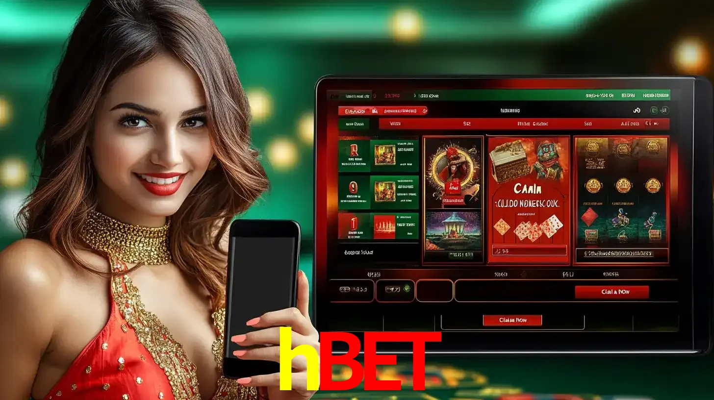 Mulher sorridente segurando um smartphone, ao lado de uma tela exibindo o lobby de jogos do cassino online hbet, com várias opções de jogos de cartas e slots.